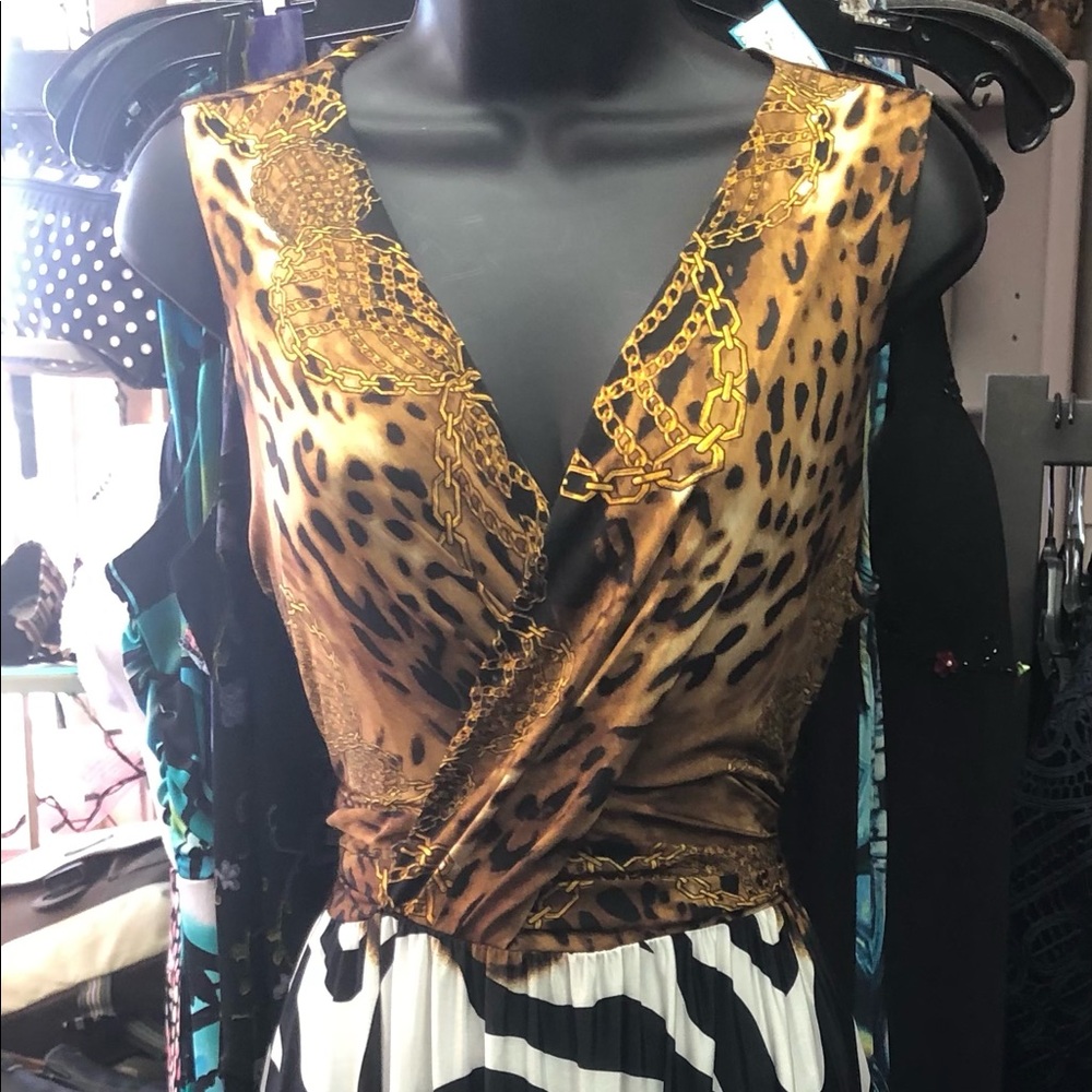 long summer dress gold bodice & bottom black/white print in middle
